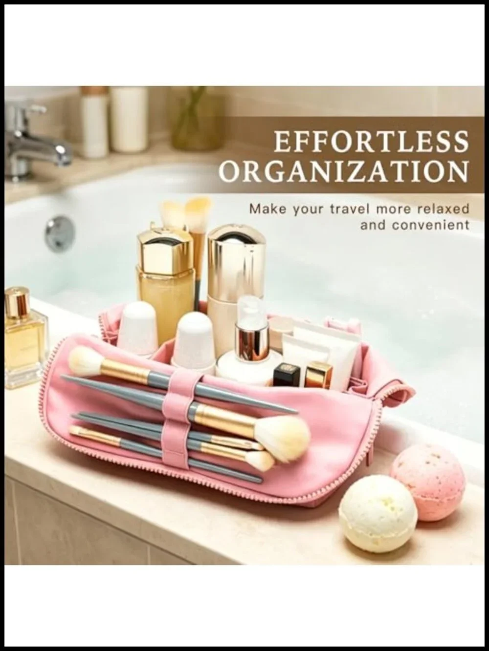 PU Leather Travel Makeup Bag, Large Capacity Cosmetic Organizer with Fold-Down